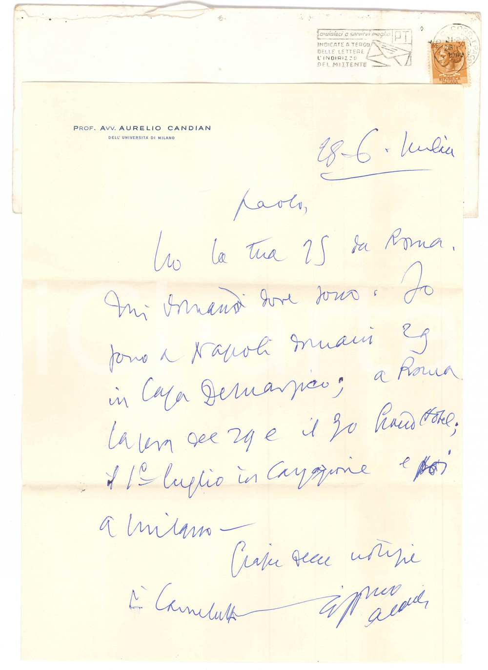 Autografo originale 1963 MILANO Lettera Aurelio CANDIAN  In viaggio per lavoro Autografo 1