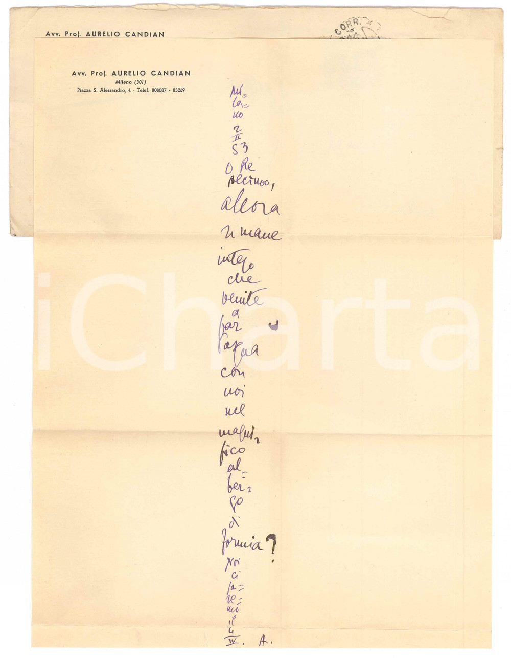 Autografo originale 1953 MILANO Lettera Aurelio CANDIAN a un amico  Invito a Pasqua Autografo 1