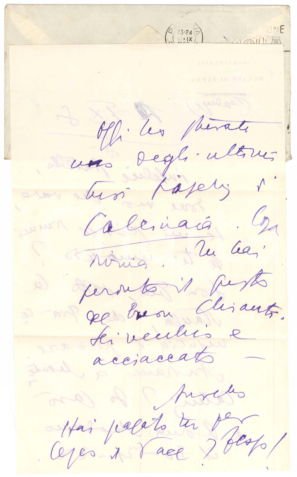 Autografo originale 1950 Confraternita Ducato di PARMA  Lettera Aurelio CANDIAN  Autografo 1