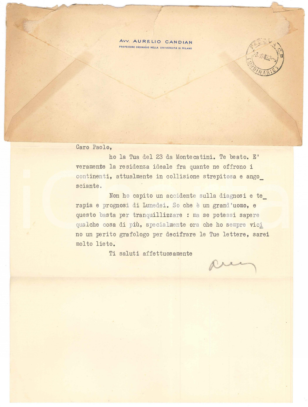 Autografo originale 1962 MILANO Aurelio CANDIAN Antonio LUNEDEI Ã¨ un grand uomo Autografo 1