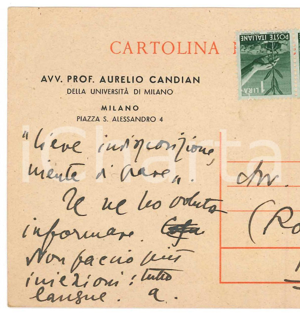 Autografo originale 1947 MILANO Cartolina Aurelio CANDIAN a un amico  Autografo 1