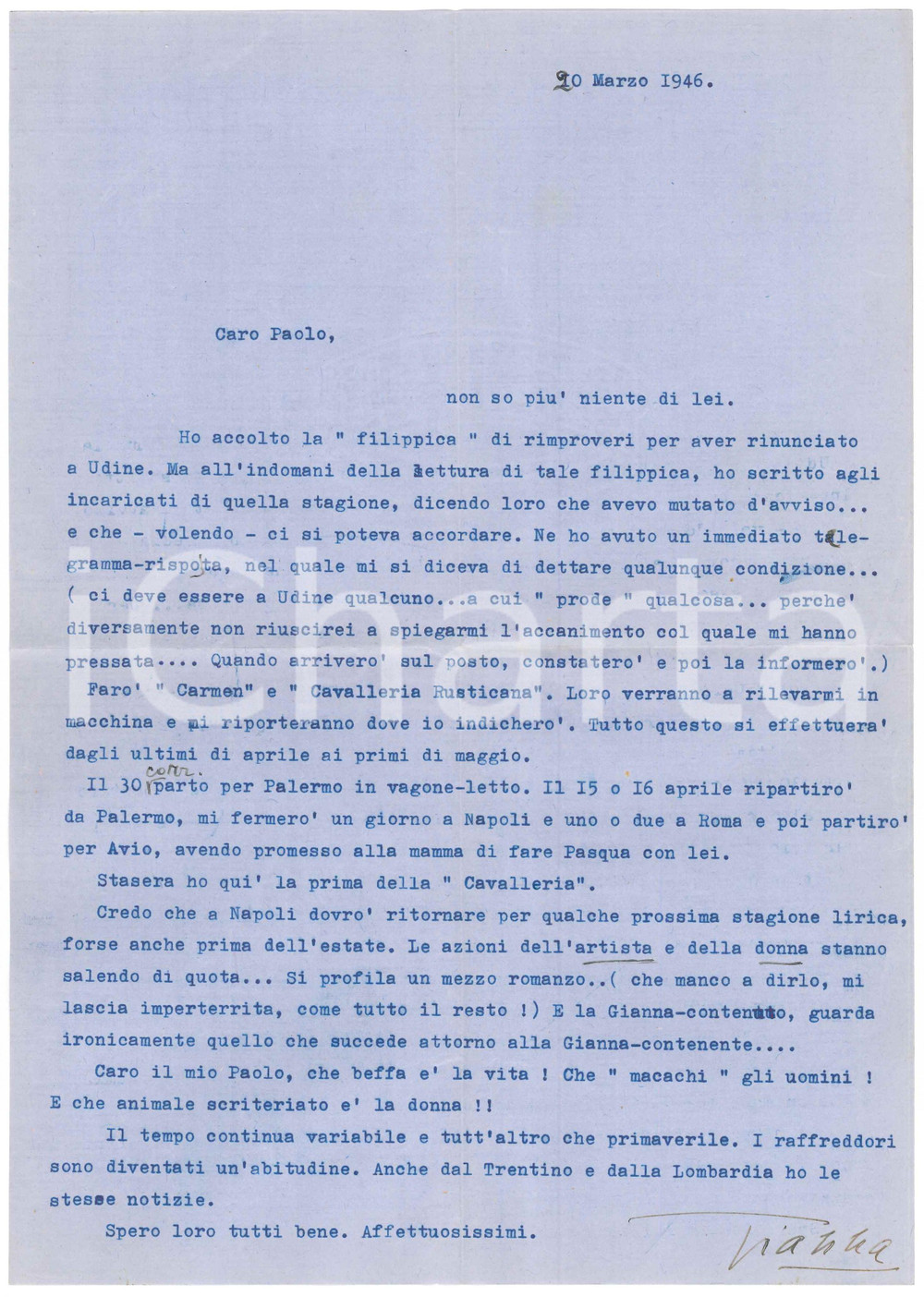 Autografo originale 1946 NAPOLI Soprano Gianna PEDERZINI canta Cavalleria Rusticana AUTOGRAFO 1