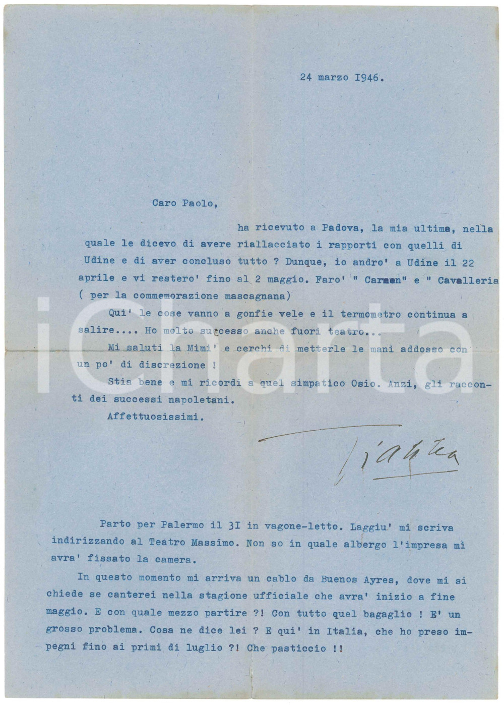 1946 NAPOLI Gianna PEDERZINI "Ho successo anche fuori teatro" - AUTOGRAFO Lettera dattiloscritta, con firma autografa, del celebre soprano Gianna Pederzini.PAGINE: 1 . FAIR/discreto piegature d'epoca, con lieve ingiallimento e minimo strappo marginale  originale e autentica 1