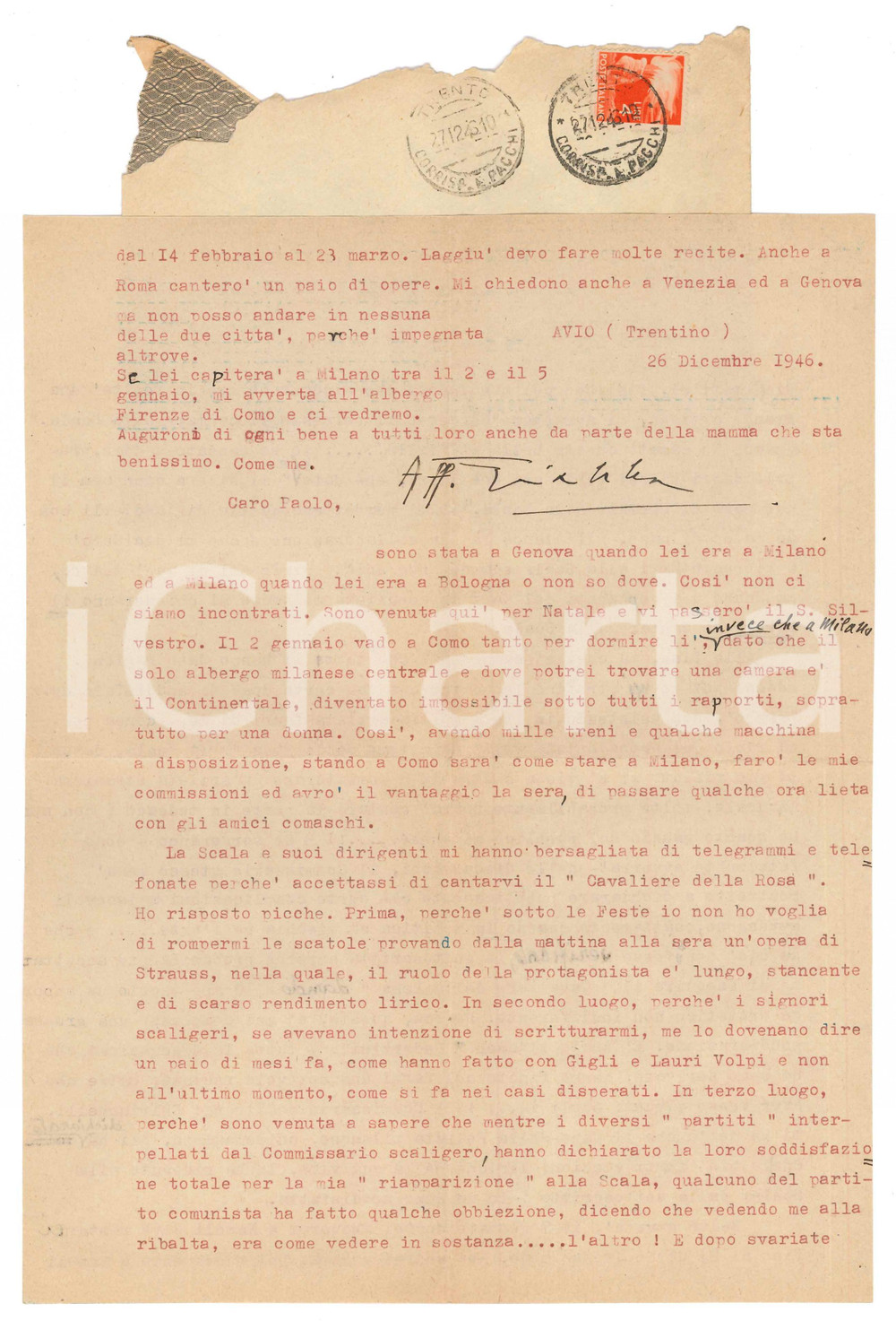 Autografo originale 1946 TRENTO Soprano Gianna PEDERZINI Ho risposto picche alla Scala AUTOGRAFO 1