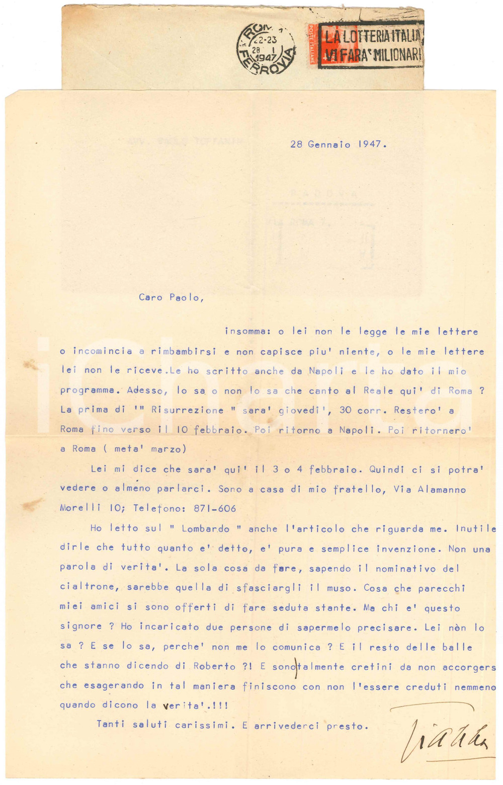 Autografo originale 1947 ROMA Lettera Gianna PEDERZINI Sfasciare il muso al cialtrone AUTOGRAFO 1