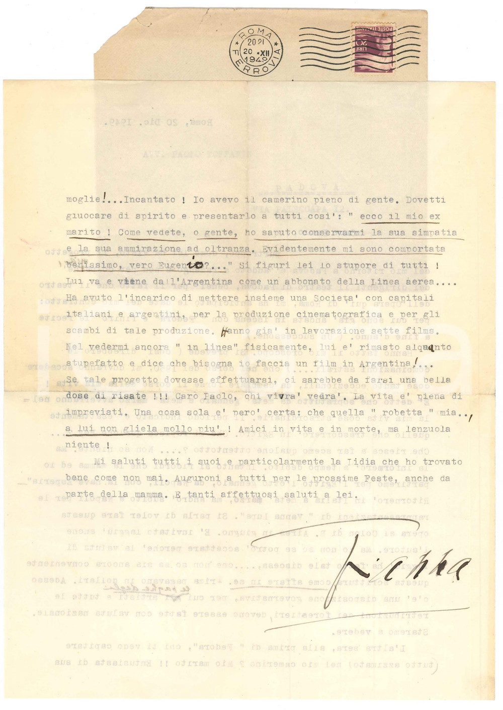 Autografo originale 1949 ROMA Soprano Gianna PEDERZINI teme per l ingaggio in Argentina AUTOGRAFO 1