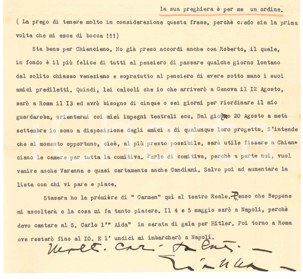 Autografo originale 1938 ROMA Gianna PEDERZINI canta alla serata di gala per Hitler AUTOGRAFO 1