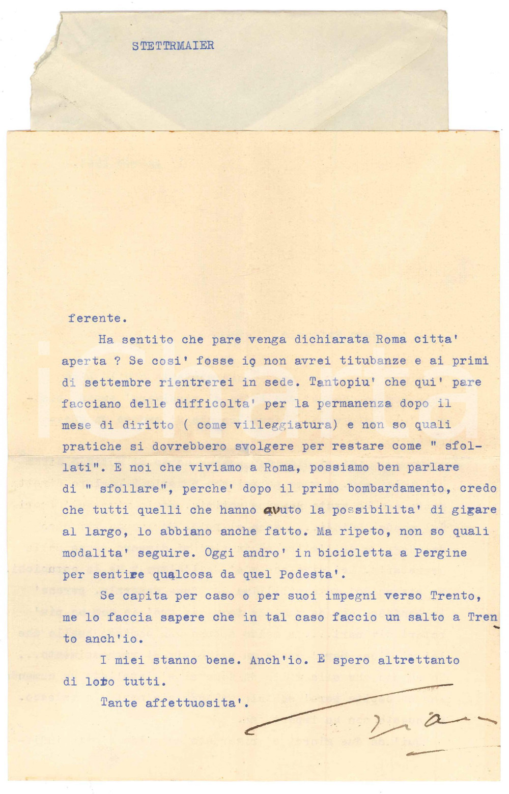 Autografo originale 1943 AVIO TN Gianna PEDERZINI e il rientro a Roma cittÃ  aperta AUTOGRAFO 1