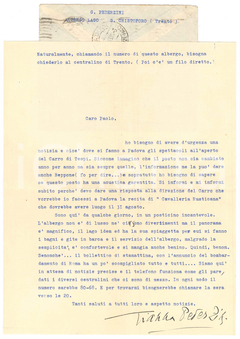 Autografo originale 1943 SAN CRISTOFORO AL LAGO Gianna PEDERZINI invitata a Padova AUTOGRAFO 1