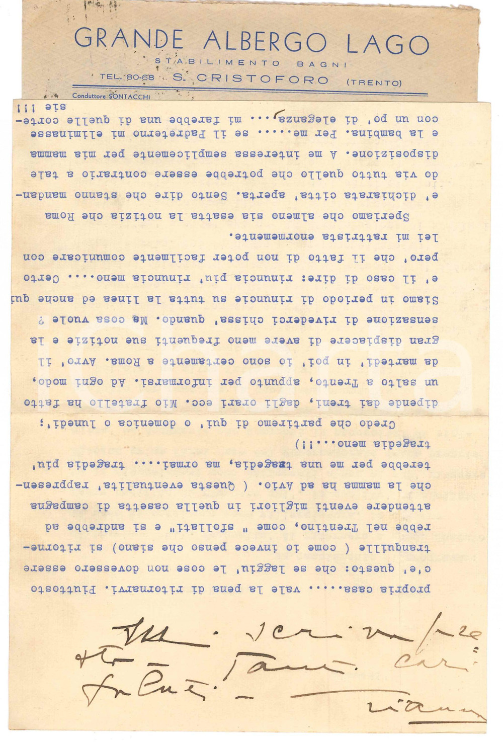 Autografo originale 1943 SAN CRISTOFORO AL LAGO Gianna PEDERZINI sfollata da Roma AUTOGRAFO 1