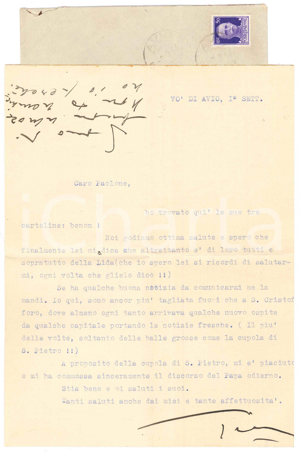 Autografo originale 1943 VÃ’ DI AVIO TN Gianna PEDERZINI commossa dal discorso del Papa AUTOGRAFO 1