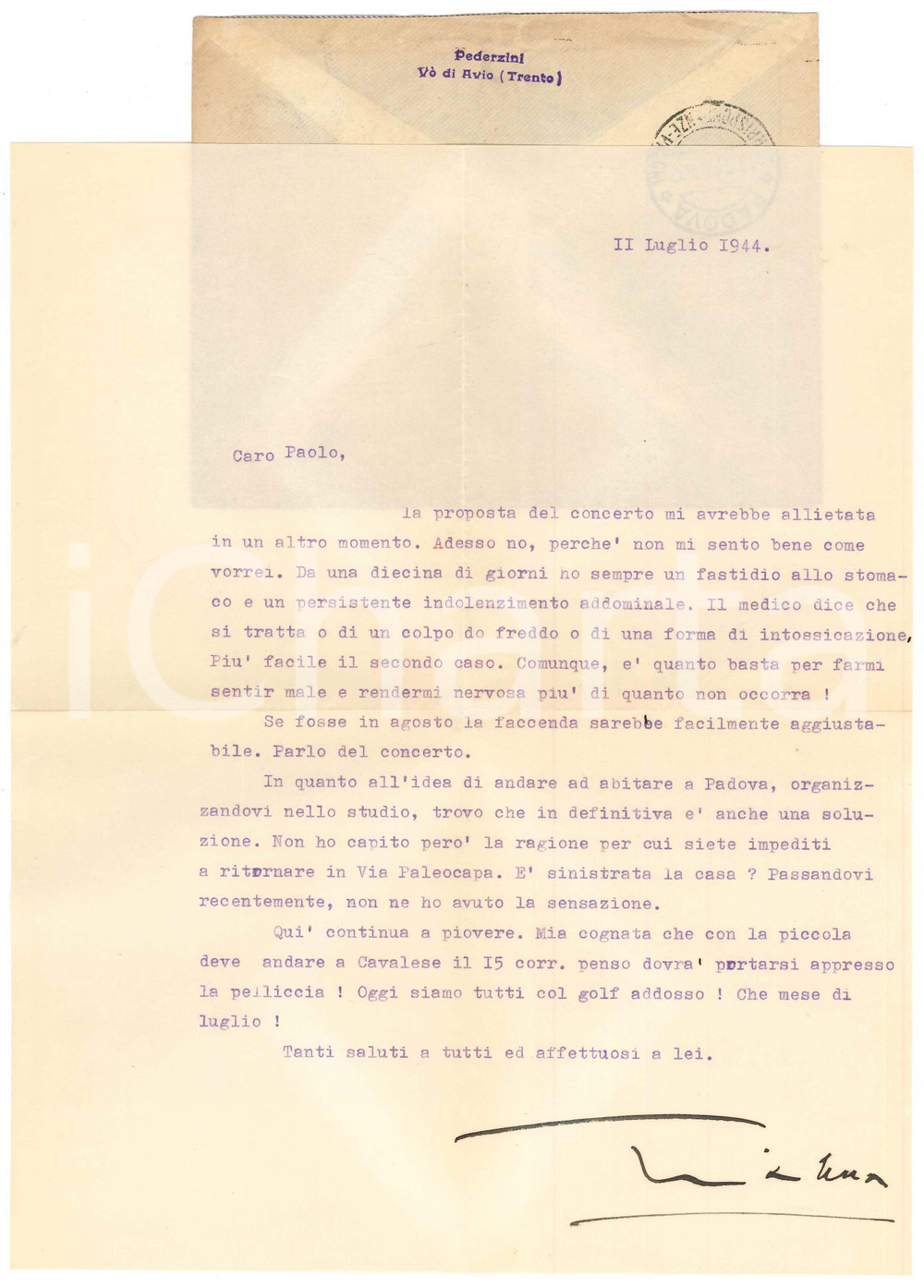 Autografo originale 1944 VÃ’ DI AVIO TN Gianna PEDERZINI in scarsa salute per un concerto AUTOGRAFO 1