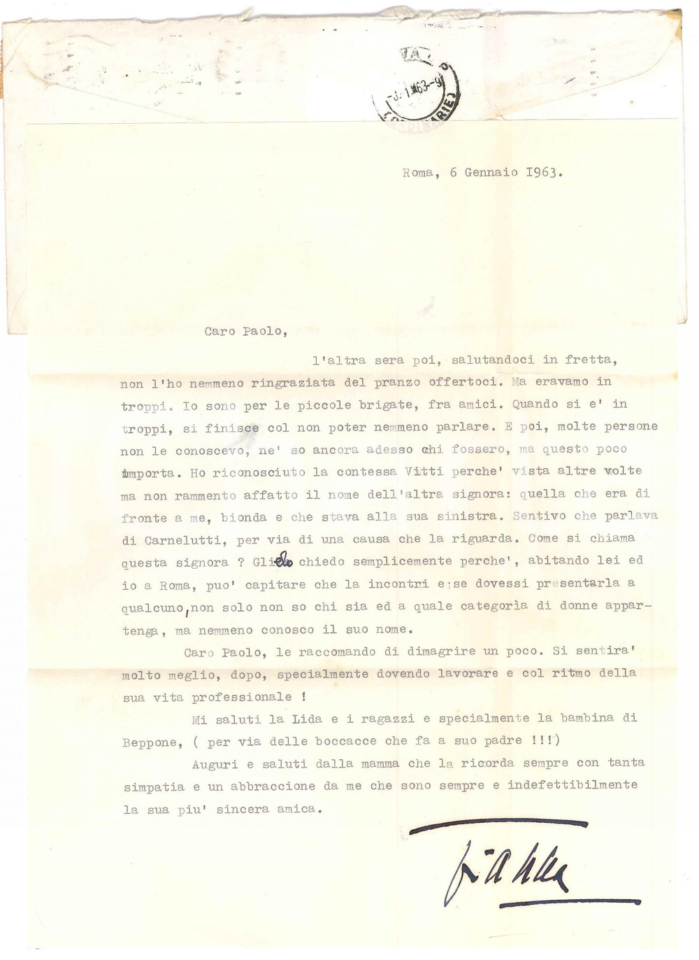 Autografo originale 1963 ROMA Soprano Gianna PEDERZINI  Ringraziamento per un pranzo AUTOGRAFO 1