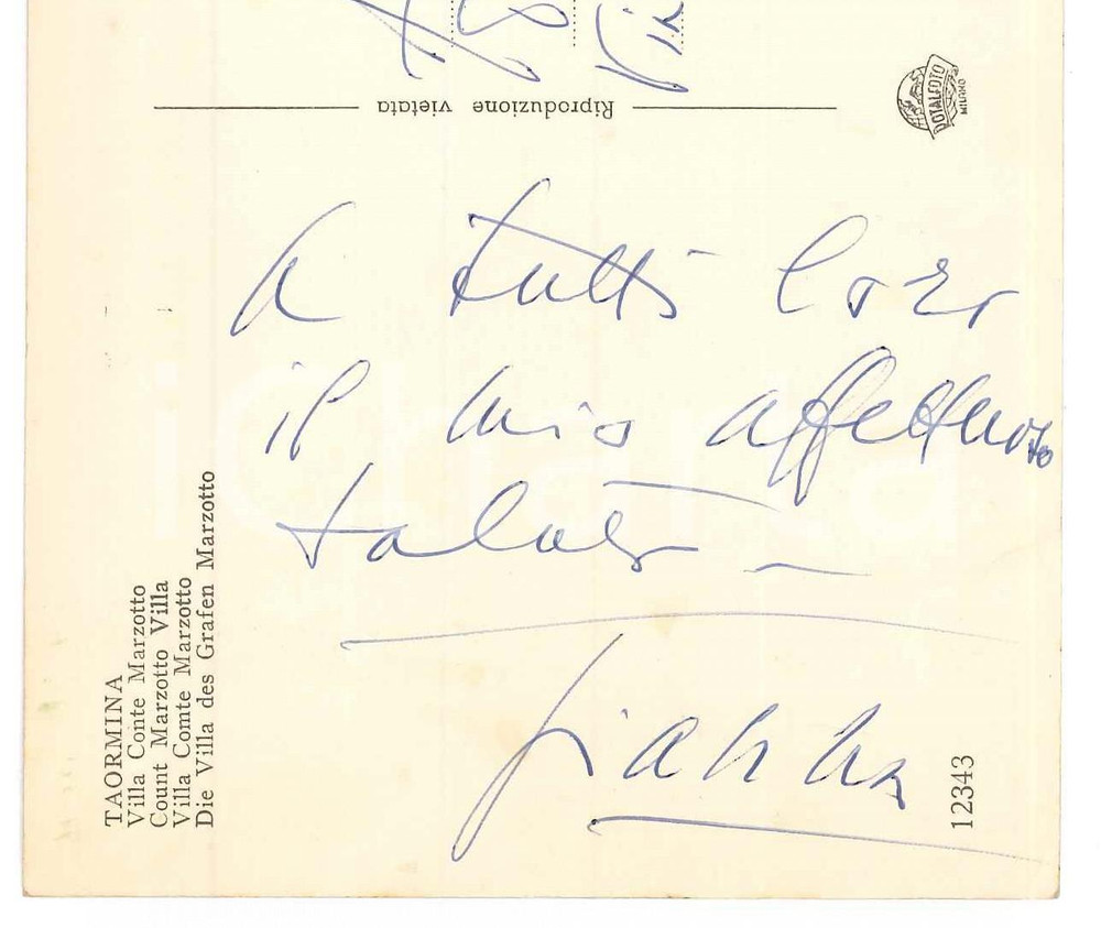 1957 TAORMINA Soprano Gianna PEDERZINI - Cartolina saluti *AUTOGRAFO Cartolina postale, interamente autografa, inviata dal celebre soprano Gianna Pederzini a un amico.Viaggiata. GOOD/buono   originale e autentica 1