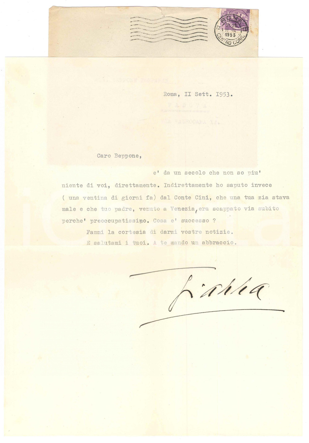 Autografo originale 1953 ROMA Soprano Gianna PEDERZINI  Lettera a un amico AUTOGRAFO 1