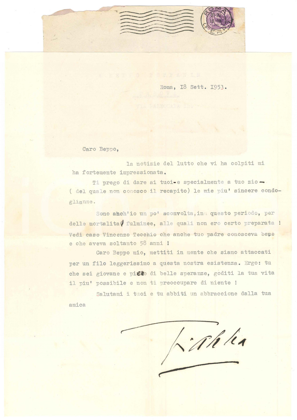 Autografo originale 1953 ROMA Soprano Gianna PEDERZINI  Lettera di condoglianze AUTOGRAFO 1