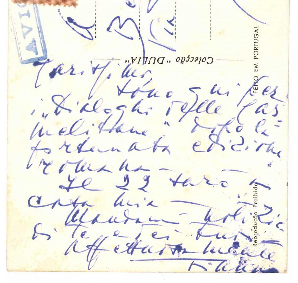 1958 LISBONA Soprano Gianna PEDERZINI in "Dialoghi delle Carmelitane" AUTOGRAFO Cartolina postale, interamente autografa, inviata dal celebre soprano Gianna Pederzini a un amico.Viaggiata. FAIR/discreto lievi macchie di inchiostro Formato: 14x9 cm originale e autentica 1