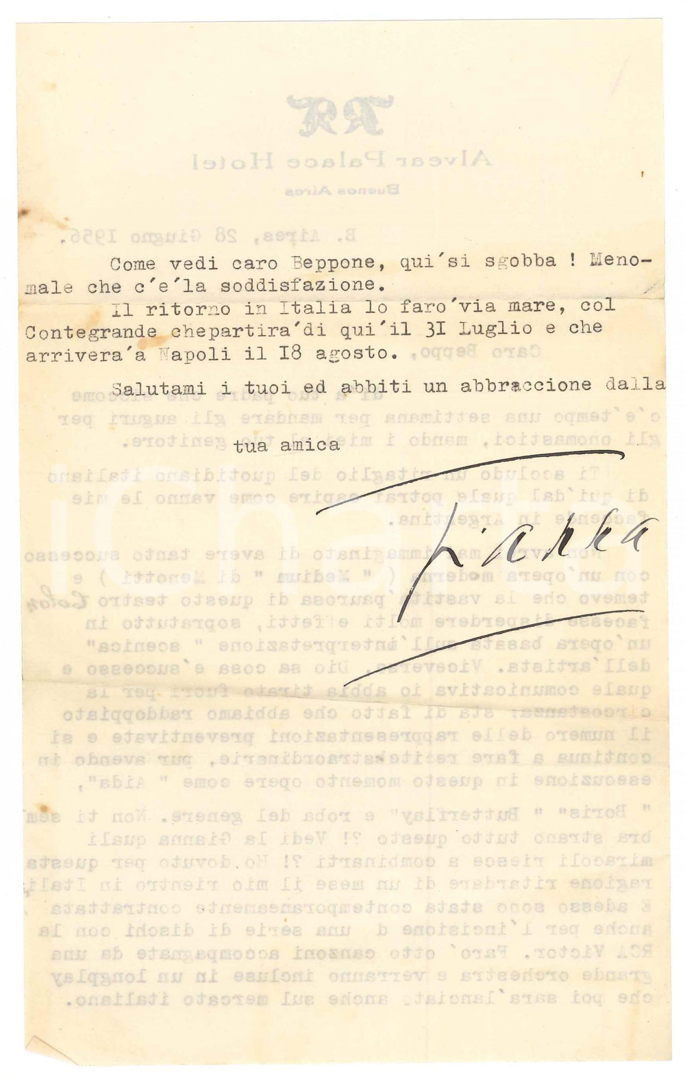 Autografo originale 1956 BUENOS AIRES Gianna PEDERZINI e il successo in Medium  Autografo 1
