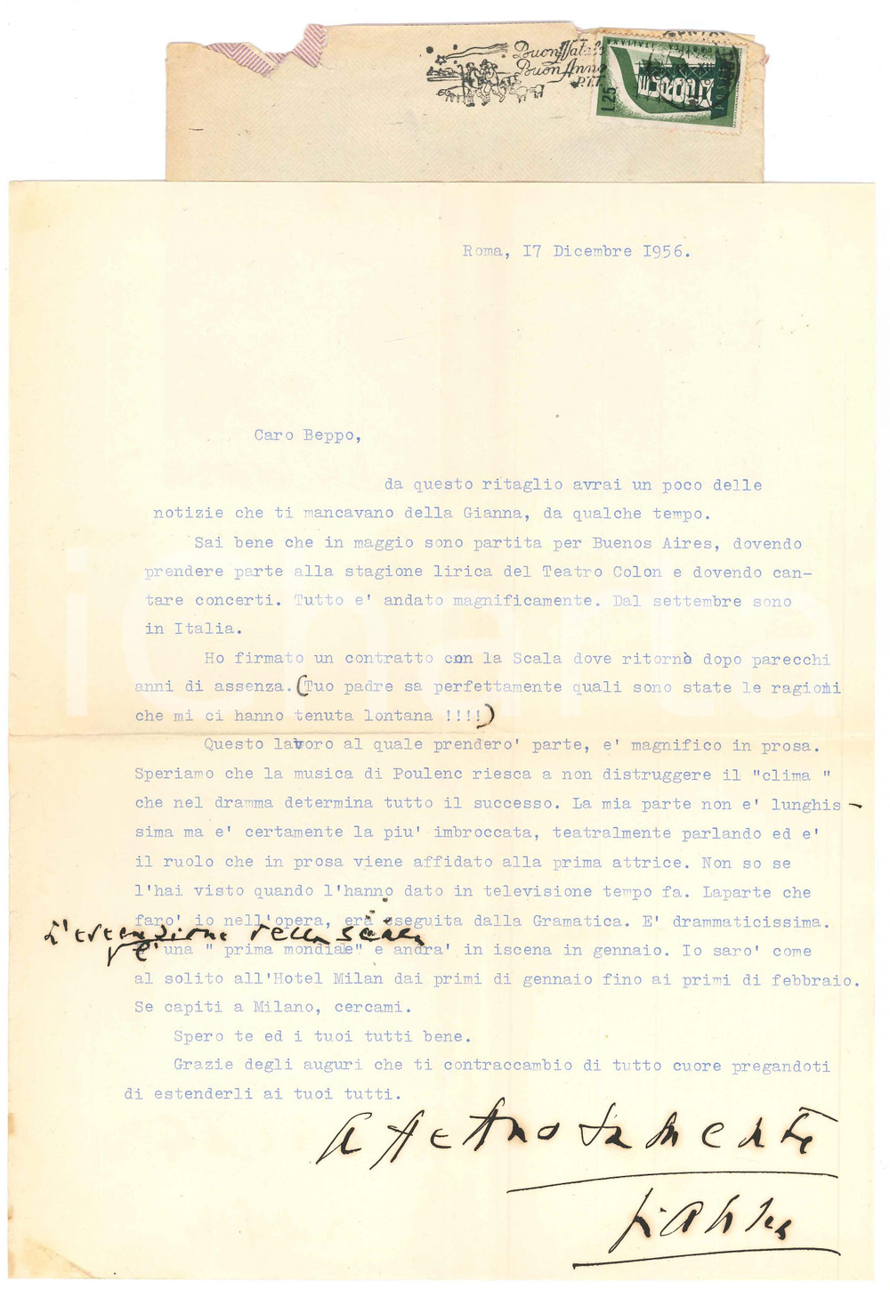 Autografo originale 1956 ROMA Gianna PEDERZINI prepara i Dialoghi delle Carmelitane Autografo 1