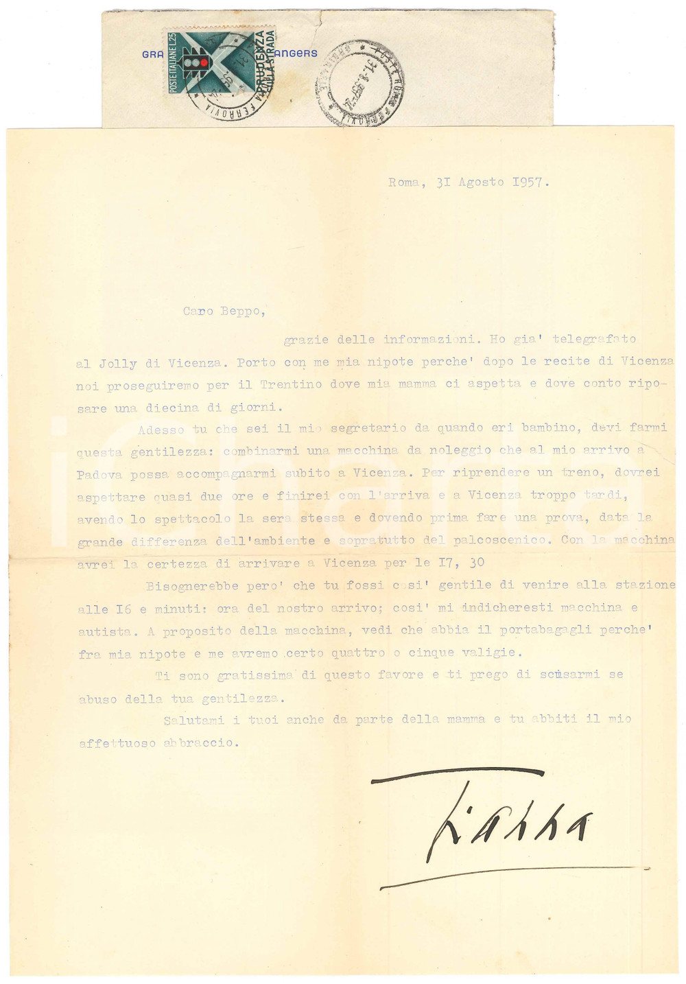 Autografo originale 1957 ROMA Gianna PEDERZINI chiede autonoleggio a un amico AUTOGRAFO 1