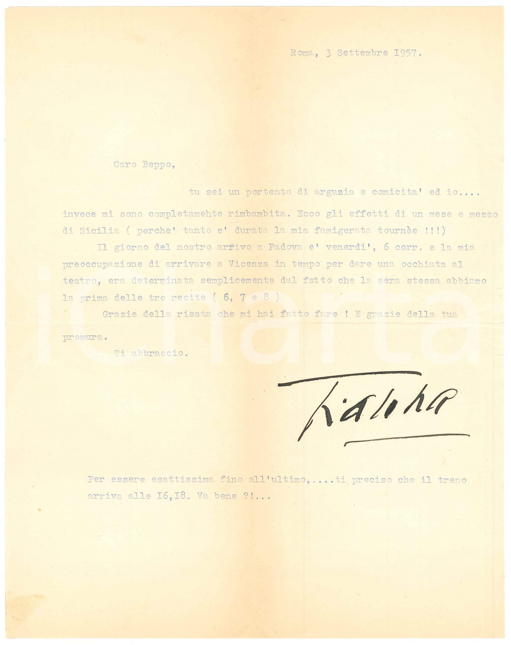 Autografo originale 1957 ROMA Gianna PEDERZINI dopo una famigerata tournÃ©e in Sicilia AUTOGRAFO 1