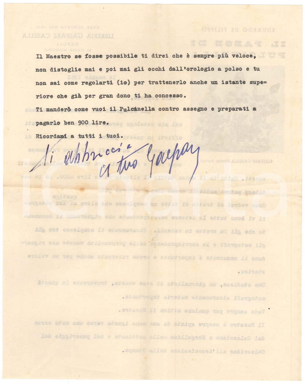 Autografo originale 1951 NAPOLI Gaspare CASELLA  RaritÃ  autografi Pietro Paleocapa Autografo 1