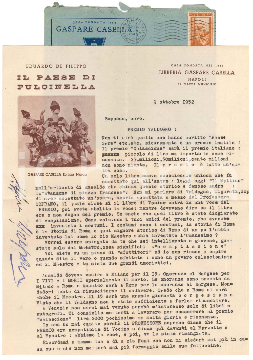 Autografo originale 1952 NAPOLI Gaspare CASELLA difende opera di Michele Vocino Autografo 1