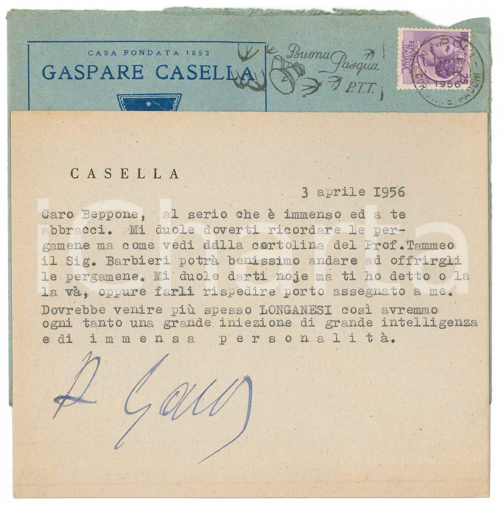 Autografo originale 1956 NAPOLI Biglietto Gaspare CASELLA su un offerta di pergamene  Autografo 1