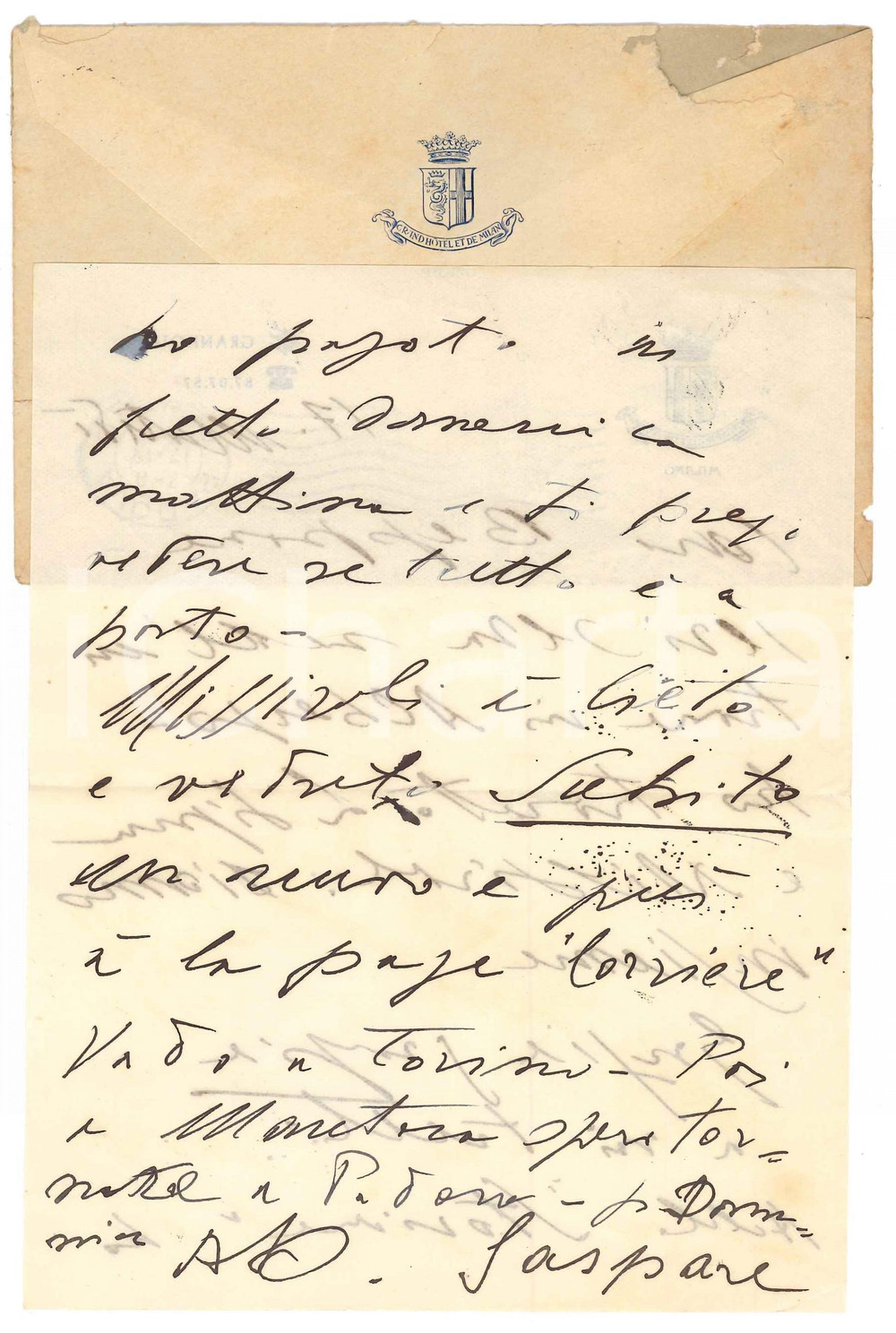 1952 MILANO Libraio Gaspare CASELLA incontra Mario MISSIROLI - Autografo Lettera interamente autografa del celebre editore e libraio Gaspare Casella.Su carta intestata del Grand Hotel et De Milan.Busta intestata e viaggiata.PAGINE: 1 (2 facciate) FAIR/discreto piegature d'epoca  originale e autentica 1