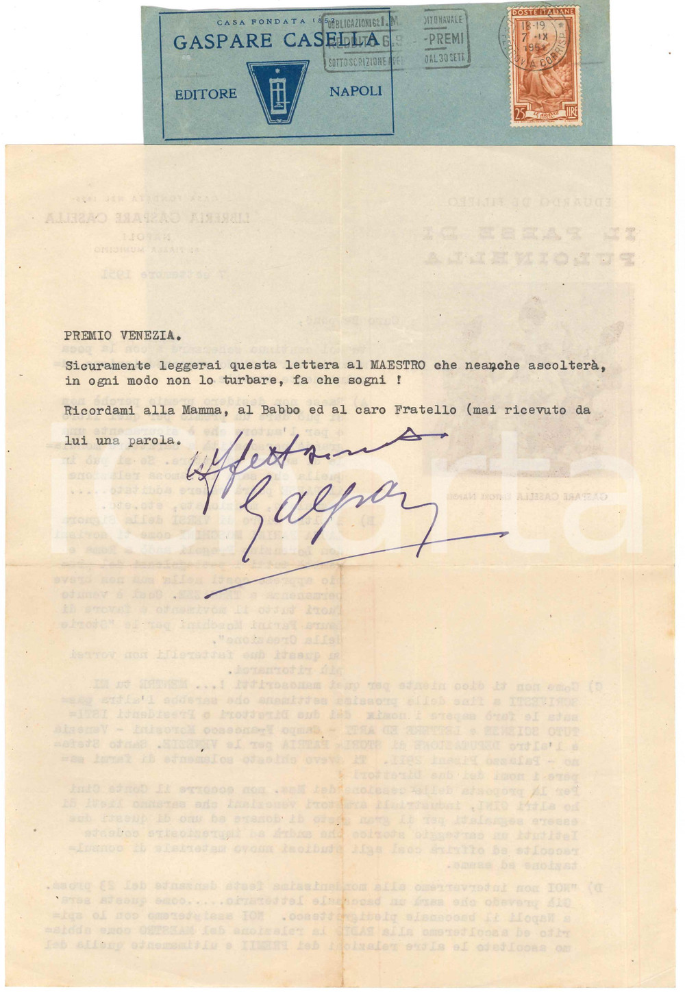Autografo originale 1951 NAPOLI Gaspare CASELLA su documenti veneti e premio a De Filippo Autografo 1