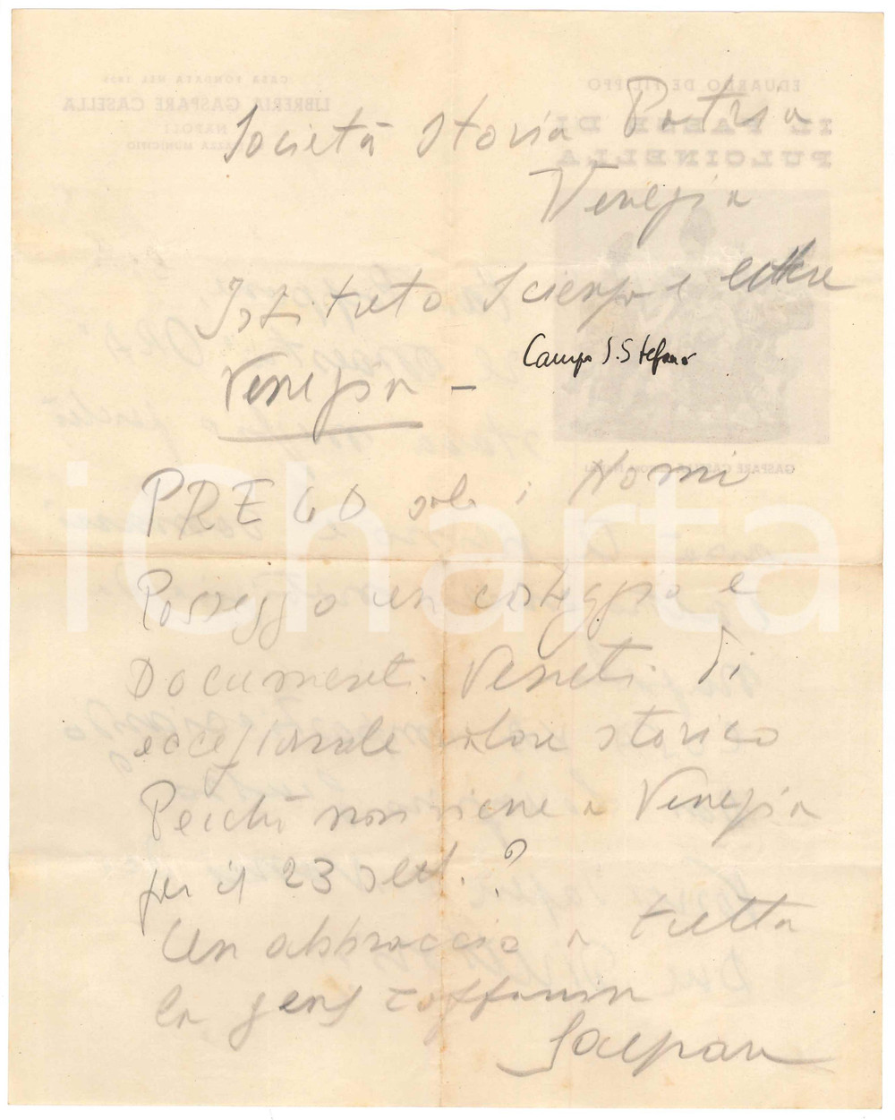 Autografo originale 1960 ca NAPOLI Lettera Gaspare CASELLA su documenti veneti di valore Autografo 1