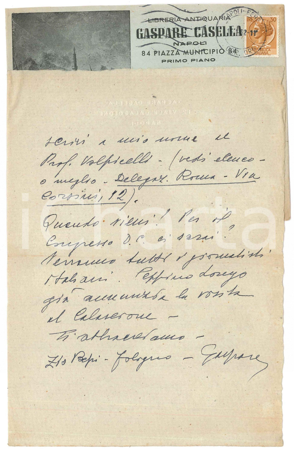 Autografo originale 1962 NAPOLI Libraio Gaspare CASELLA consiglia Romani a tavola  Autografo 1