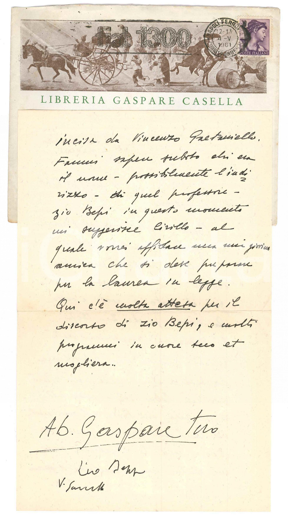 Autografo originale 1961 NAPOLI Libraio Gaspare CASELLA partecipa a esposizione dantesca Autografo 1