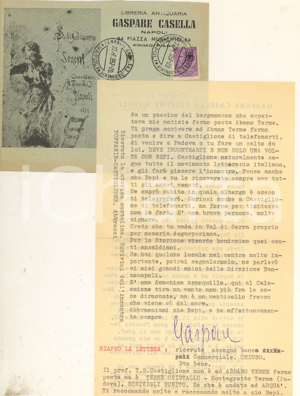 Autografo originale 1957 NAPOLI Gaspare CASELLA su incontro con T.R. Castiglione  Autografo 1