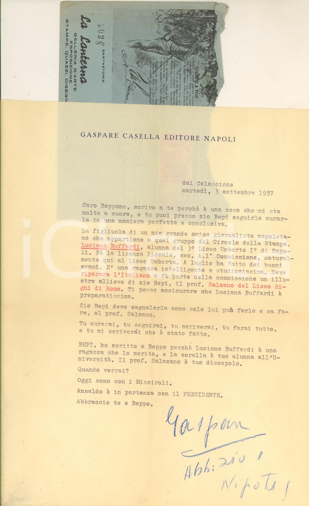 Autografo originale 1957 NAPOLI Lettera editore Gaspare CASELLA per raccomandazione  Autografo 1