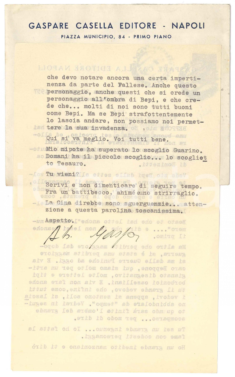 Autografo originale 1957 NAPOLI Libraio Gaspare CASELLA Ho un grande inedito manzoniano Autografo 1