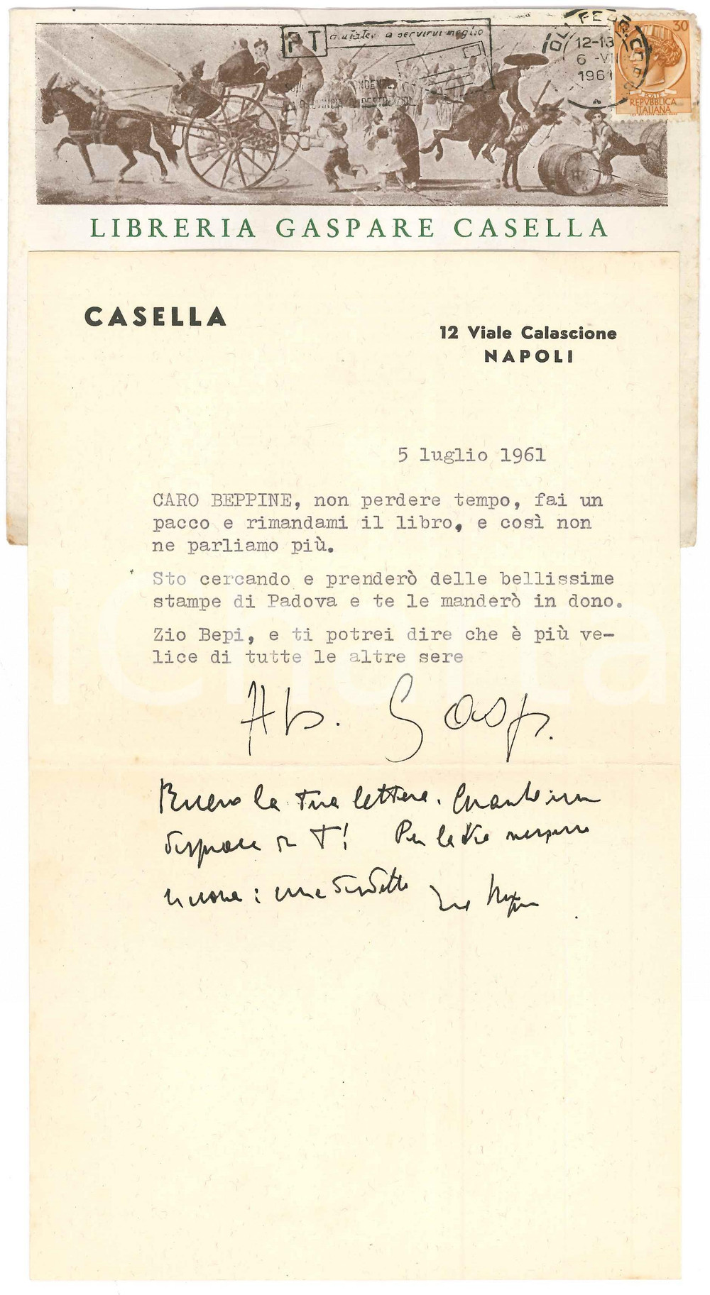 Autografo originale 1961 NAPOLI Gaspare CASELLA promette stampe di Padova in dono Autografo 1