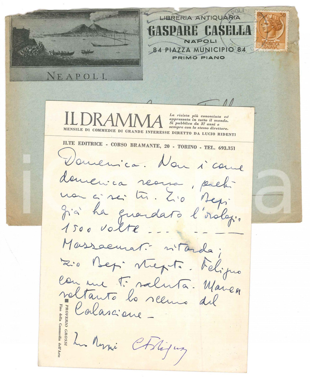 1964 NAPOLI Biglietto Gaspare CASELLA - Cesare FOLIGNO a un amico *Autografi Biglietto autografo del celebre editore e libraio Gaspare Casella, cui si aggiungte la firma dello studioso Cesare Foligno, suo amico.Biglietto intestato del mensile teatrale "Il Dramma", con illustrazione di Proferio Grossi al recto.Busta intestata "Libreria Antiquaria Gaspare Casella - Napoli", con illustrazione di Napoli, viaggiata. PAGINE: 1  FAIR/discreto piegature angolari  originale e autentica 1