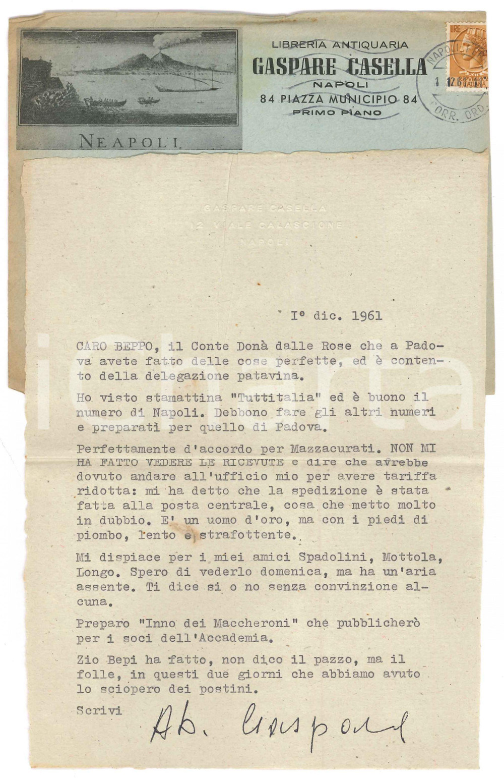 Autografo originale 1961 NAPOLI Gaspare CASELLA su Mazzacurati strafottente Autografo 1