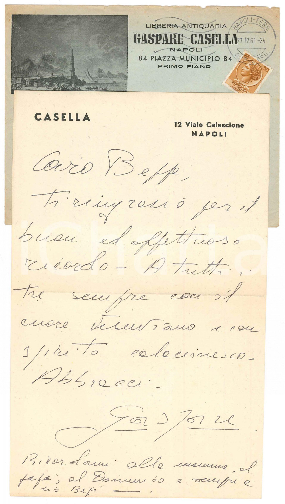 Autografo originale 1961 NAPOLI Libraio Gaspare CASELLA  Lettera a un amico  Autografo 1