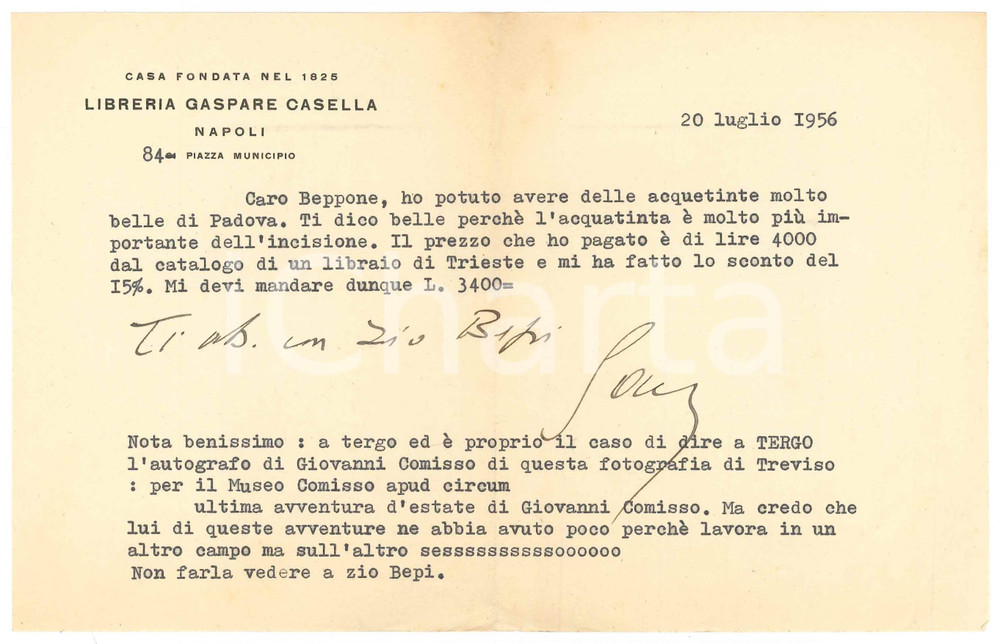 Autografo originale 1956 NAPOLI Libraio Gaspare CASELLA su vendita di acquetinte Autografo 1