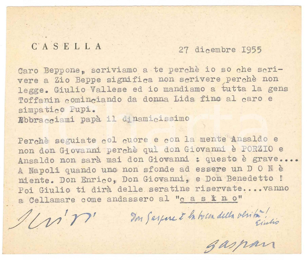 Autografo originale 1955 NAPOLI Biglietto Gaspare CASELLA  Ansaldo non Ã¨ Don Giovanni Autografo 1
