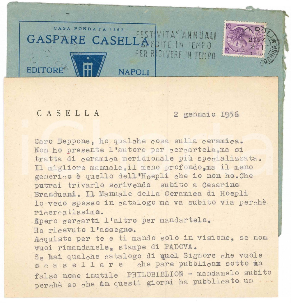 Autografo originale 1956 NAPOLI Biglietto libraio Gaspare CASELLA  Manuali di ceramica Autografo 1