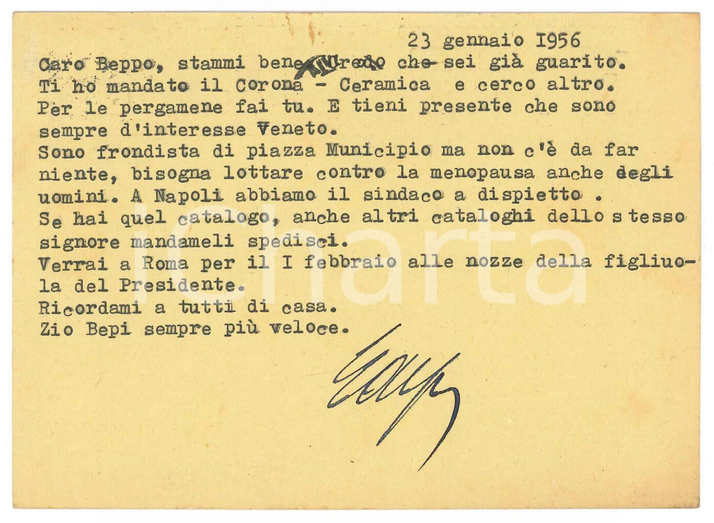 1956 NAPOLI Cartolina Gaspare CASELLA "Abbiamo il sindaco a dispietto" Autografo Cartolina postale dattiloscritta, con firma autografa, del celebre editore e libraio Gaspare Casella a un amico.Intestata e viaggiata. GOOD/buono   originale e autentica 1