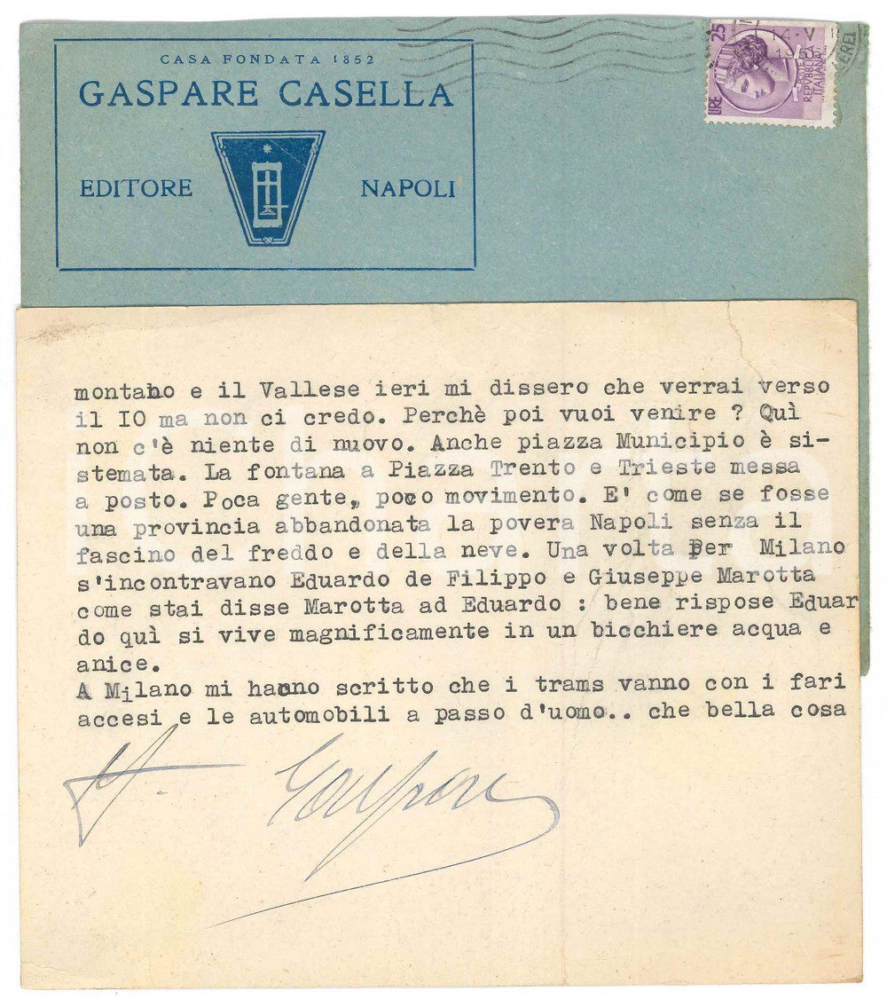 Autografo originale 1956 NAPOLI Biglietto Gaspare CASELLA Napoli provincia abbandonata  Autografo 1