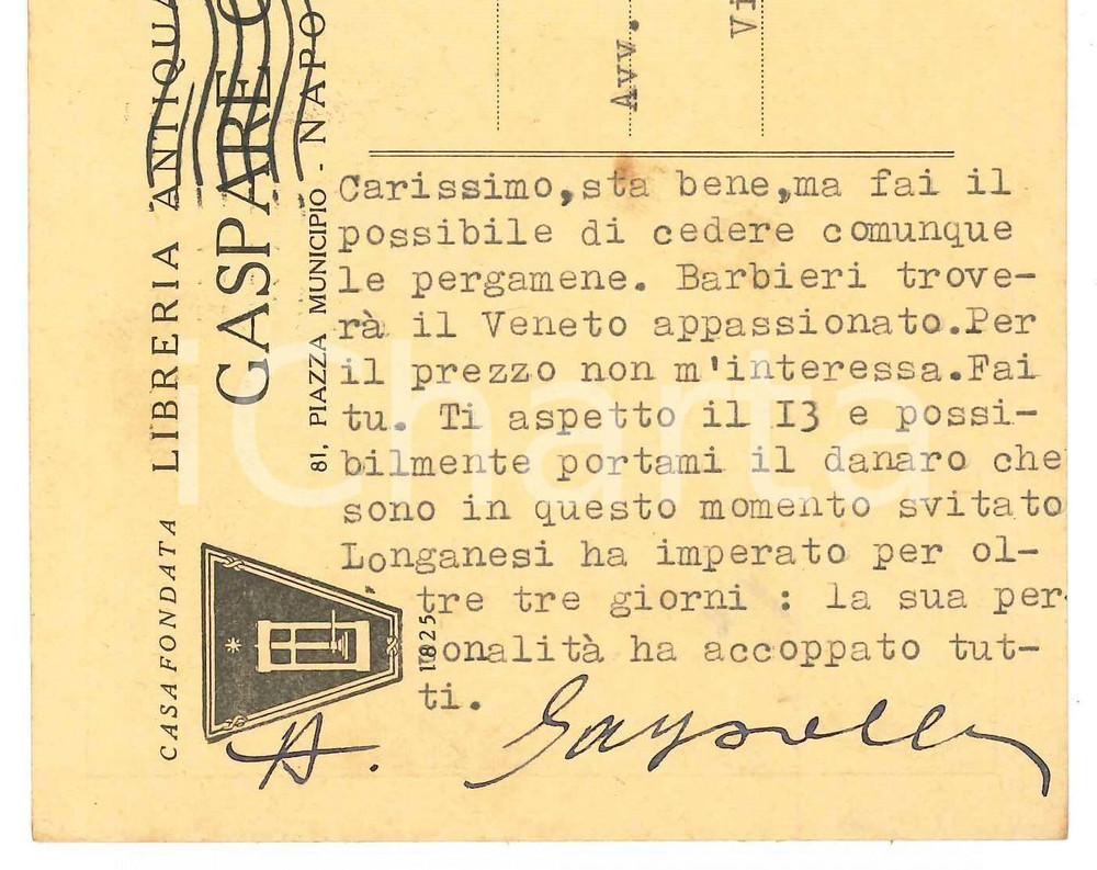Autografo originale 1956 NAPOLI Cartolina Gaspare CASELLA  Cessione di pergamente  Autografo 1