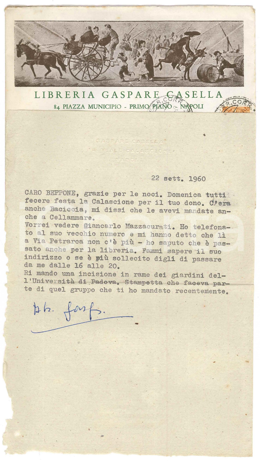 Autografo originale 1960 NAPOLI Gaspare CASELLA in cerca di Giancarlo MAZZACURATI Autografo 1