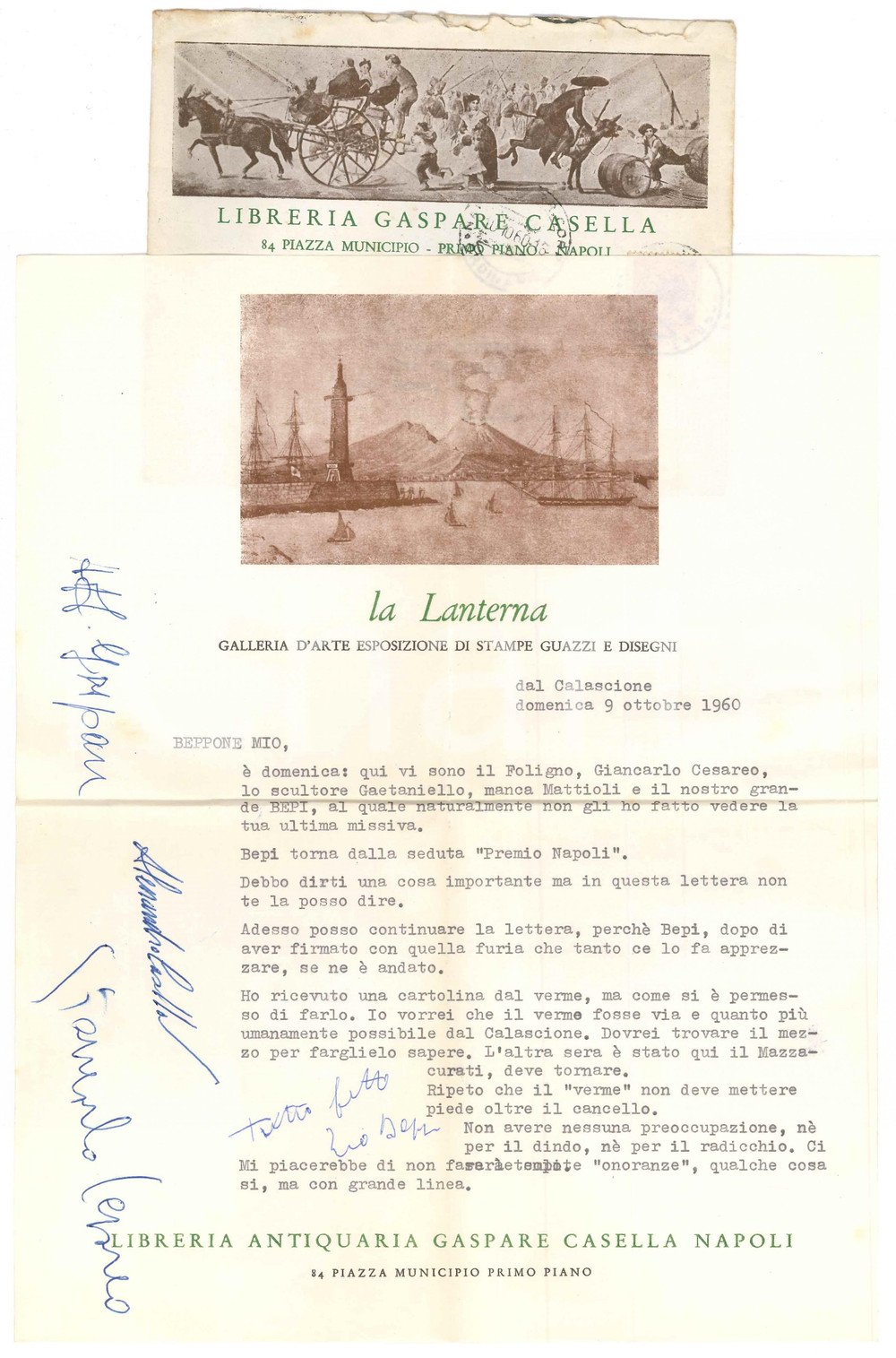 1960 NAPOLI Galleria LA LANTERNA - Lettera Gaspare CASELLA *Autografo Lettera dattiloscritta, con firma autografa del celebre editore e libraio Gaspare Casella, oltre alla firma autografa dello scrittore Giancarlo Cesareo.Su carta intestata illustrata "La Lanterna - Galleria d'Arte"; busta intestata illustrata "Libreria Gaspare Casella". PAGINE: 1  FAIR/discreto piegature d'epoca  originale e autentica 1