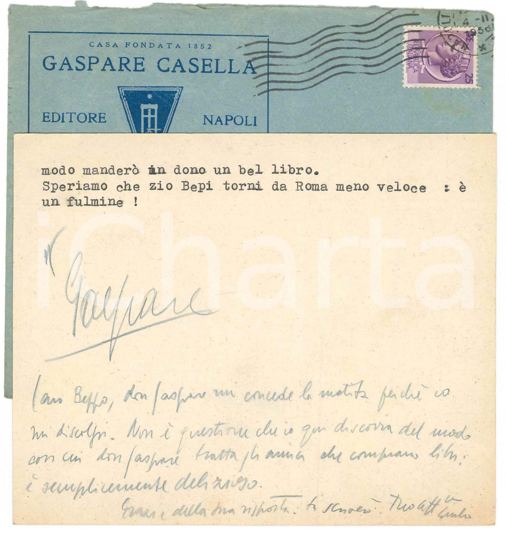 Autografo originale 1956 NAPOLI Biglietto Gaspare CASELLA  Vendita libri in catalogo Autografo 1