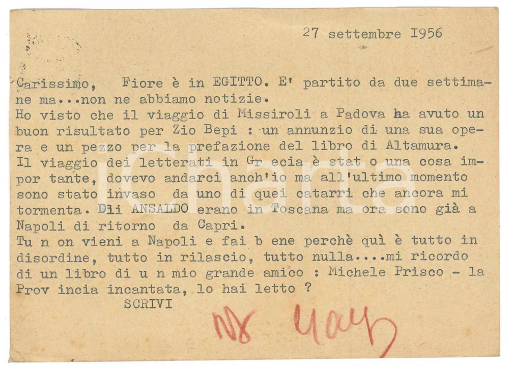 1956 NAPOLI Cartolina Gaspare CASELLA - Libreria Antiquaria Editrice - Autografo